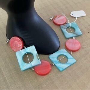 2/$49 Handmade Geometric Shell Bracelet Blush Pink Sky Blue 8.25” Chunky Beach